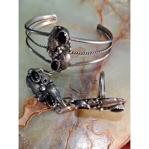 Vintage Navajo Sterling Silver Slave Bracelet & Ring Chain Black Onyx Size 6.75